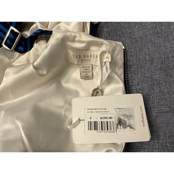 TED BAKER TILLIAI BLUEBELL NAVY AND CREAM BODYCON DRESS W SUSPENDERS SZ 3 US8-10 - Picture 12 of 14